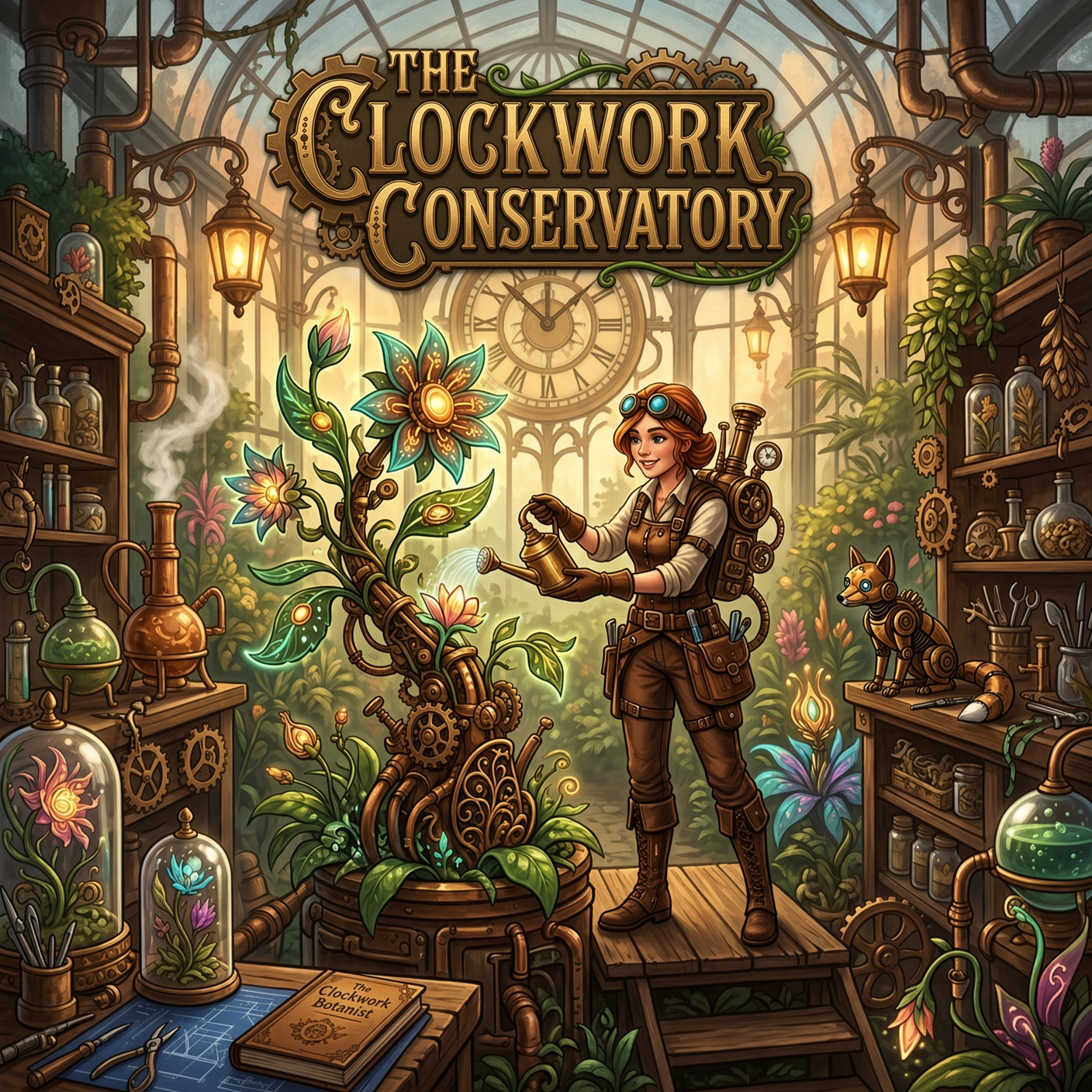 Clockwork Conservatory concept art — a steampunk botanist tending a mechanical flower inside a glass greenhouse