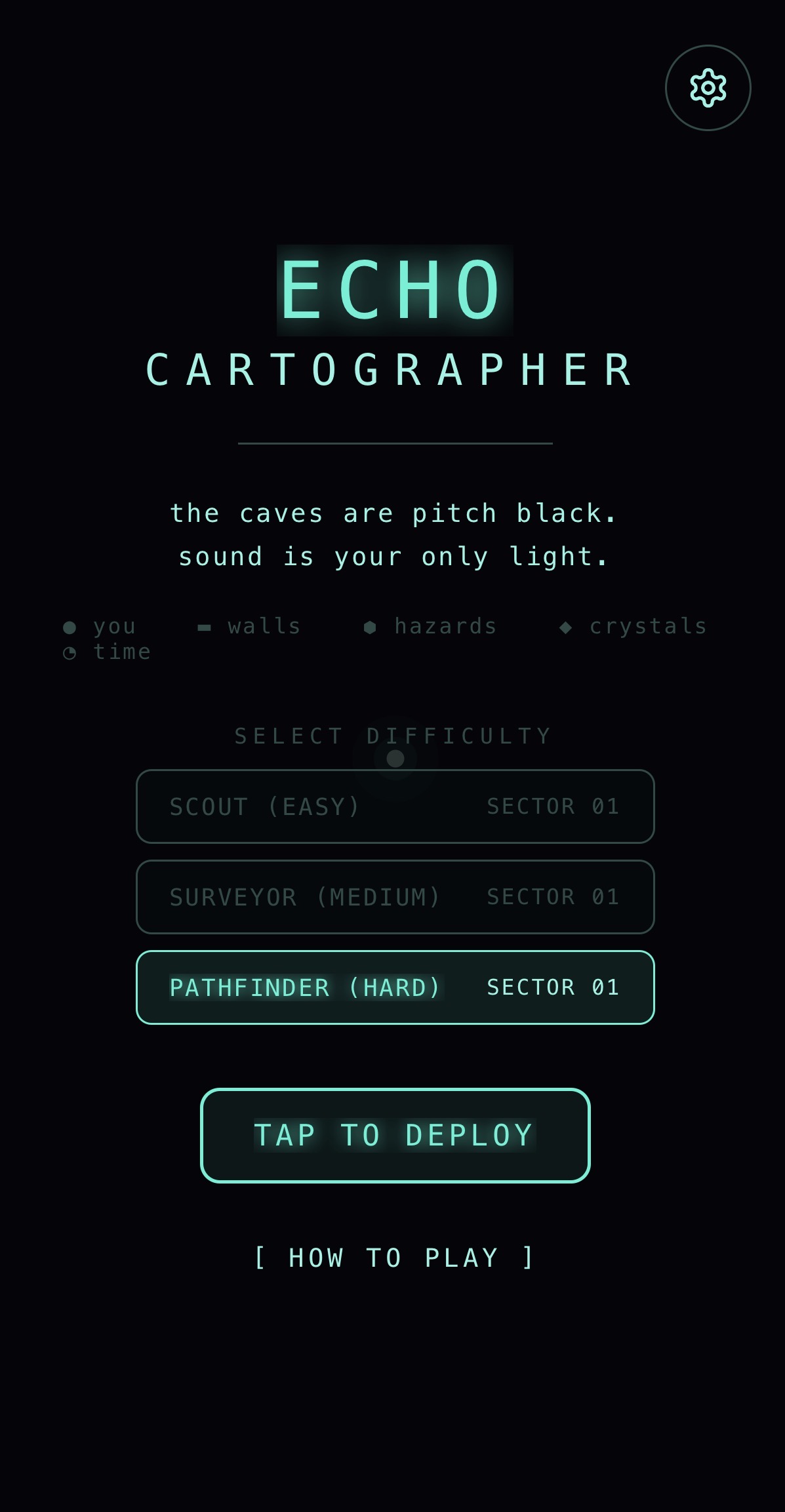Echo Cartographer title screen — ECHO CARTOGRAPHER, the caves are pitch black, sound is your only light