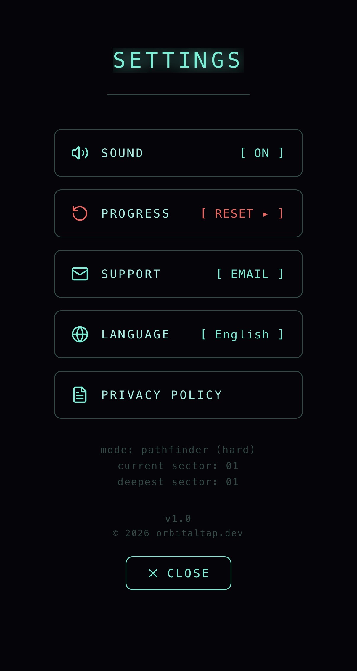Settings screen — sound, progress reset, support, language and privacy