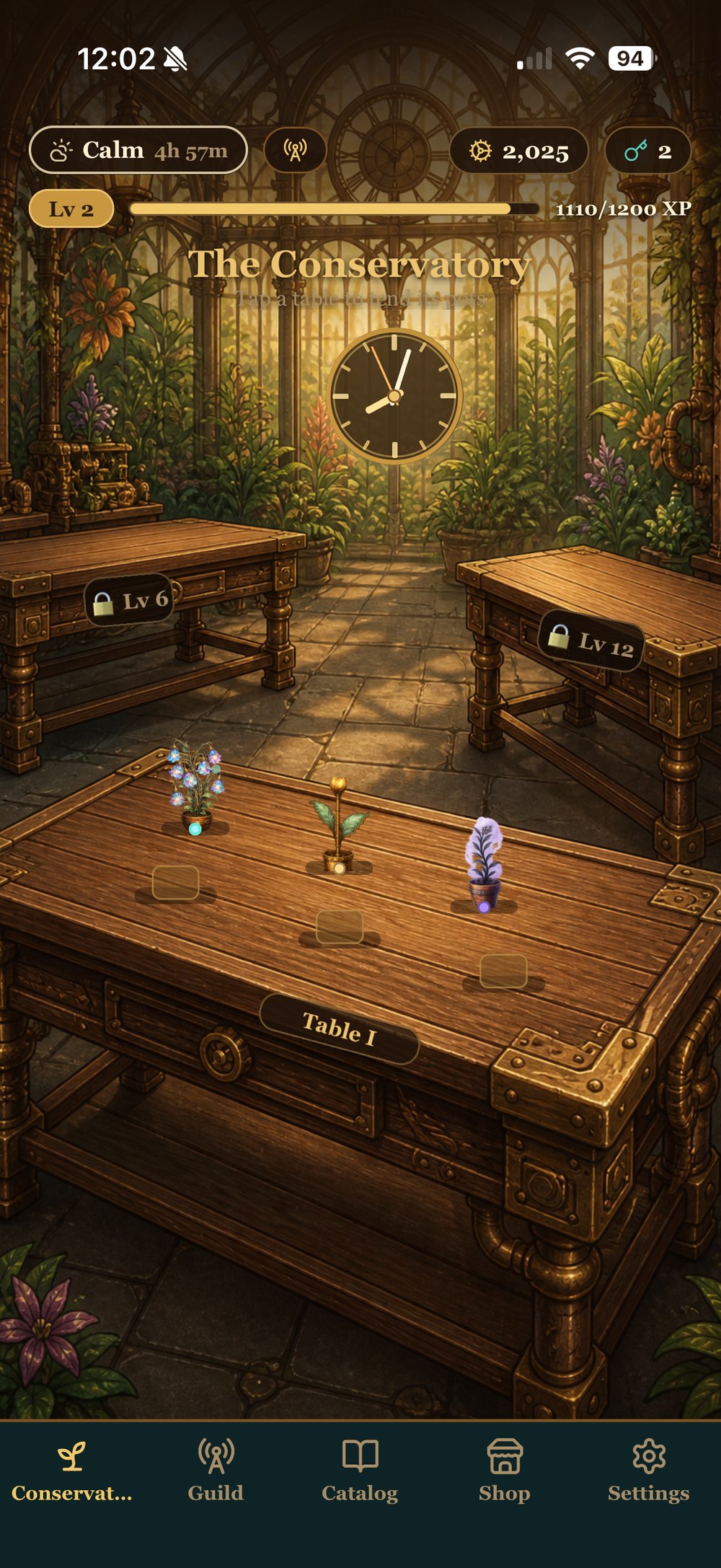 The Conservatory — the main greenhouse view with Table I, growing clockwork plants beneath a great brass clock