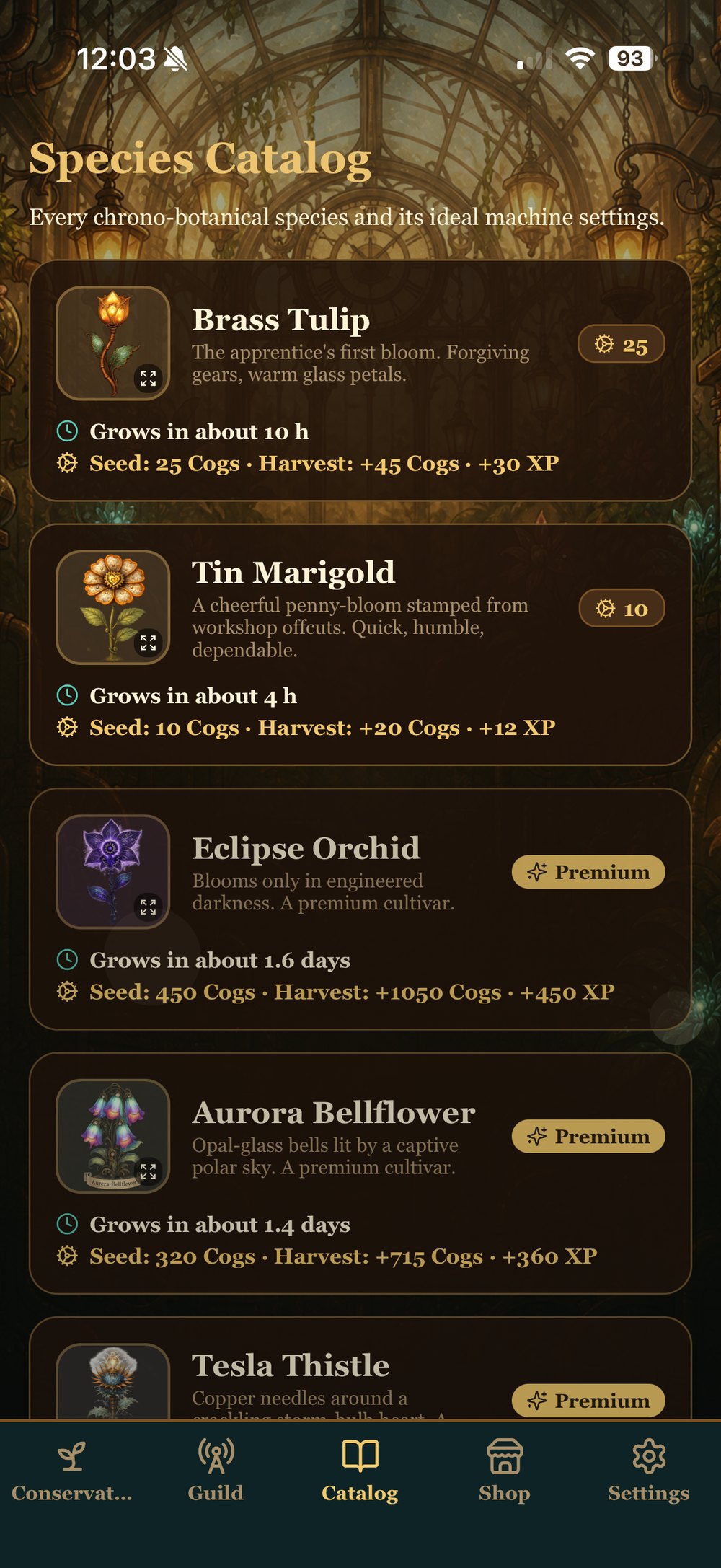 The Species Catalog — cards for Brass Tulip, Tin Marigold, Eclipse Orchid, Aurora Bellflower and Tesla Thistle with grow times and harvest values
