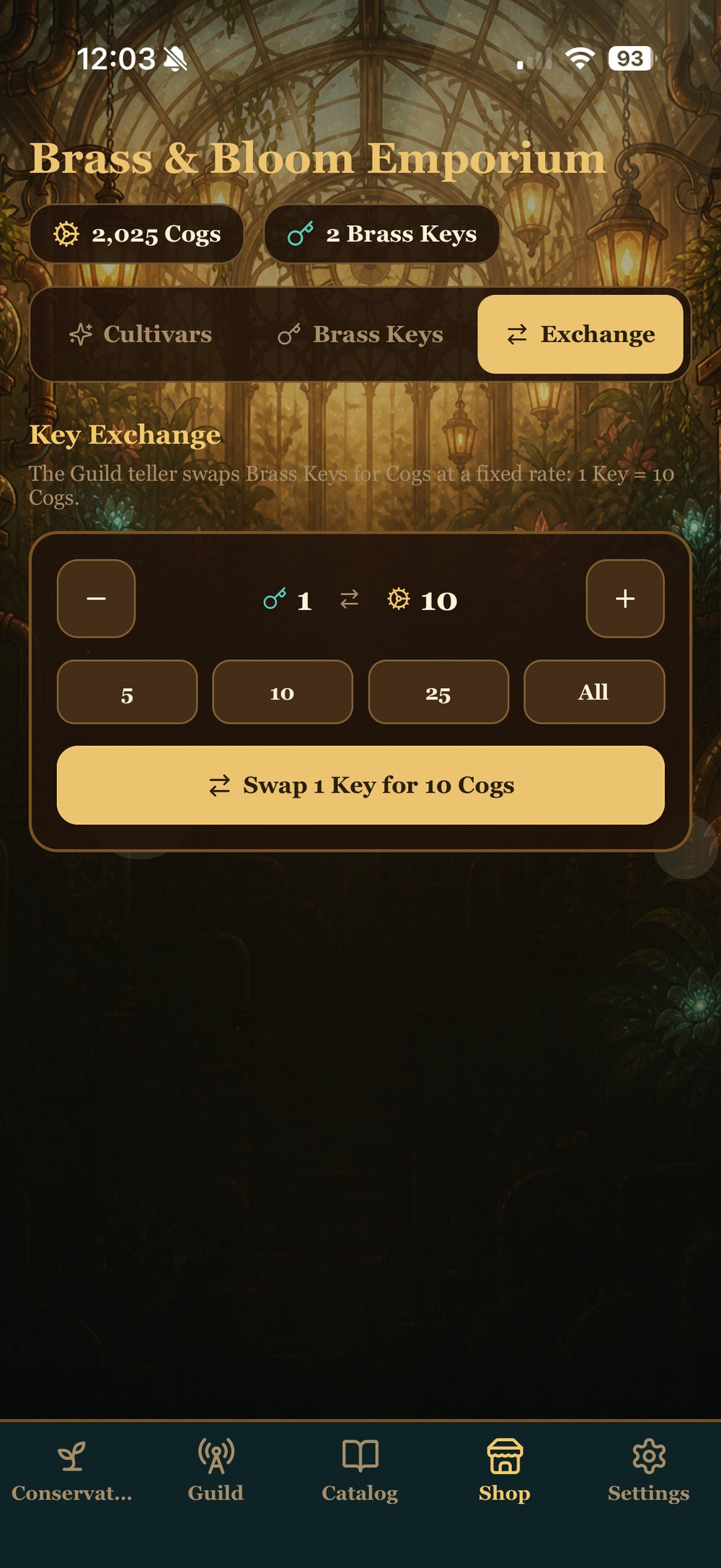 Key Exchange — the Guild teller swapping Brass Keys for Cogs at a fixed rate of one key to ten cogs