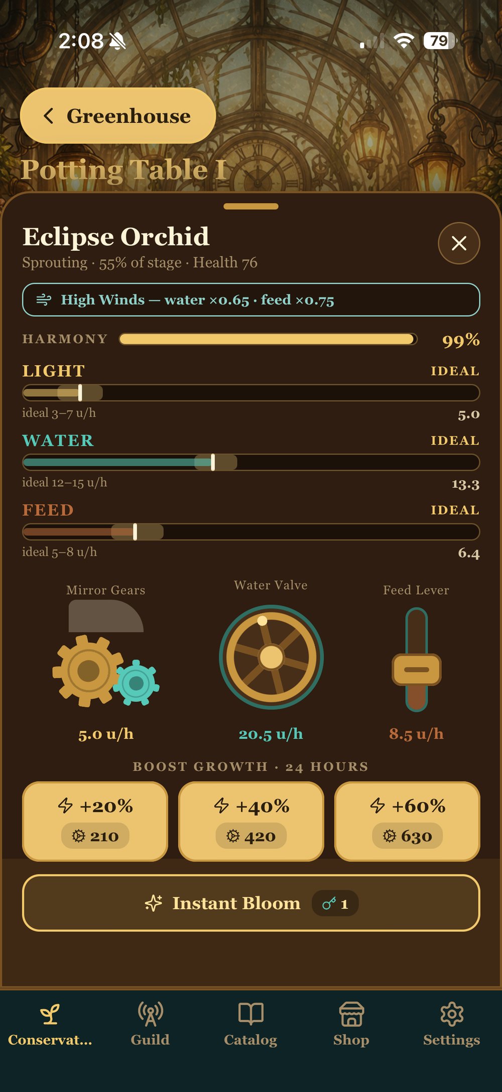 Tending an Eclipse Orchid on Potting Table I — harmony, light, water and feed gauges with Mirror Gears, Water Valve and Feed Lever controls, plus growth boosts and Instant Bloom