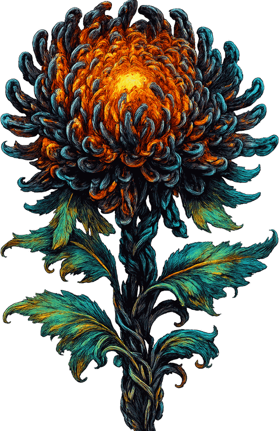 Chainlink Chrysanthemum — a towering bloom of interlocked metal petals in ember orange and teal, the final species of the roster