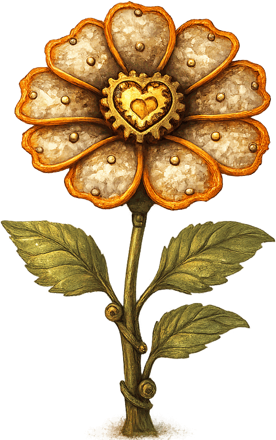 Tin Marigold — a cheerful clockwork flower with riveted tin petals and a golden heart-gear at its center