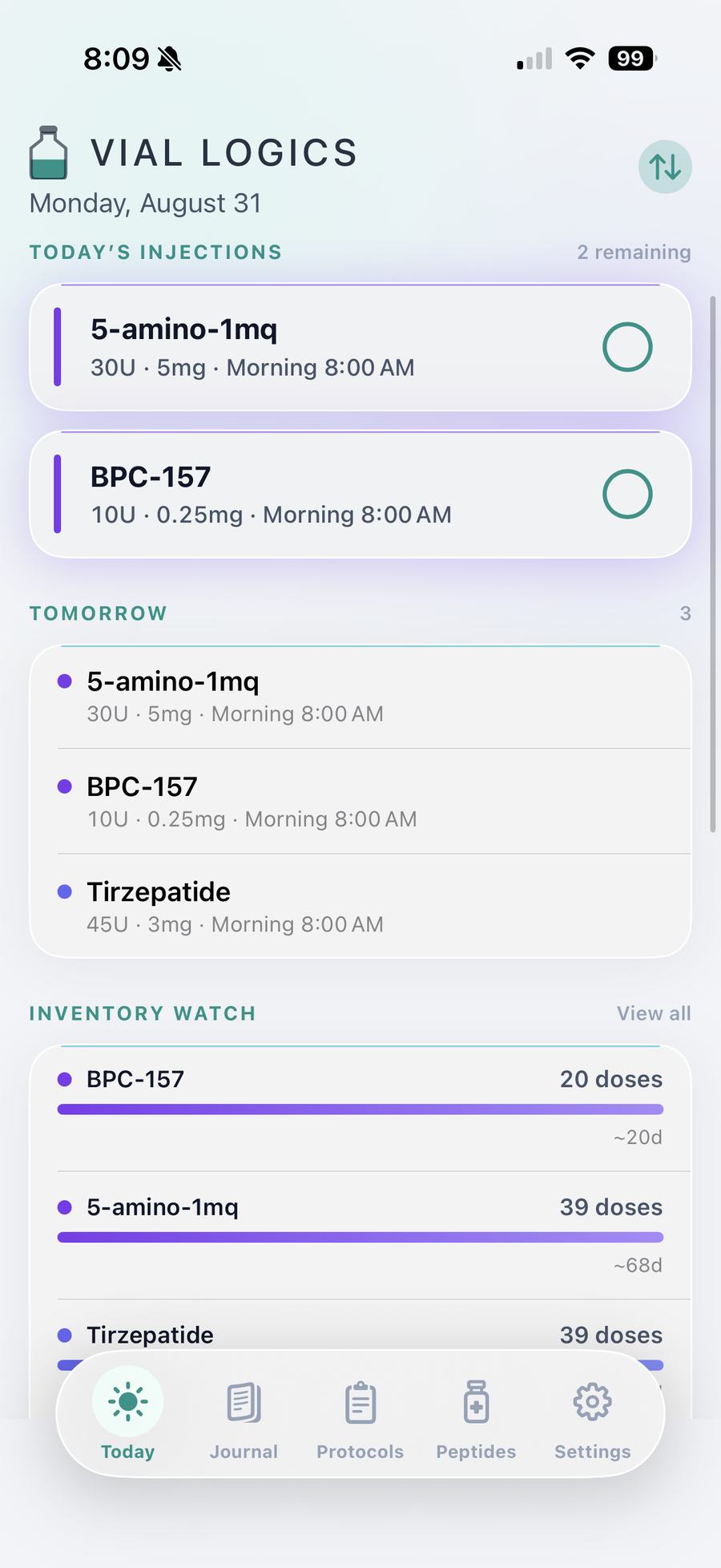 Vial Logic Today screen — today's injections, tomorrow's schedule, and inventory watch