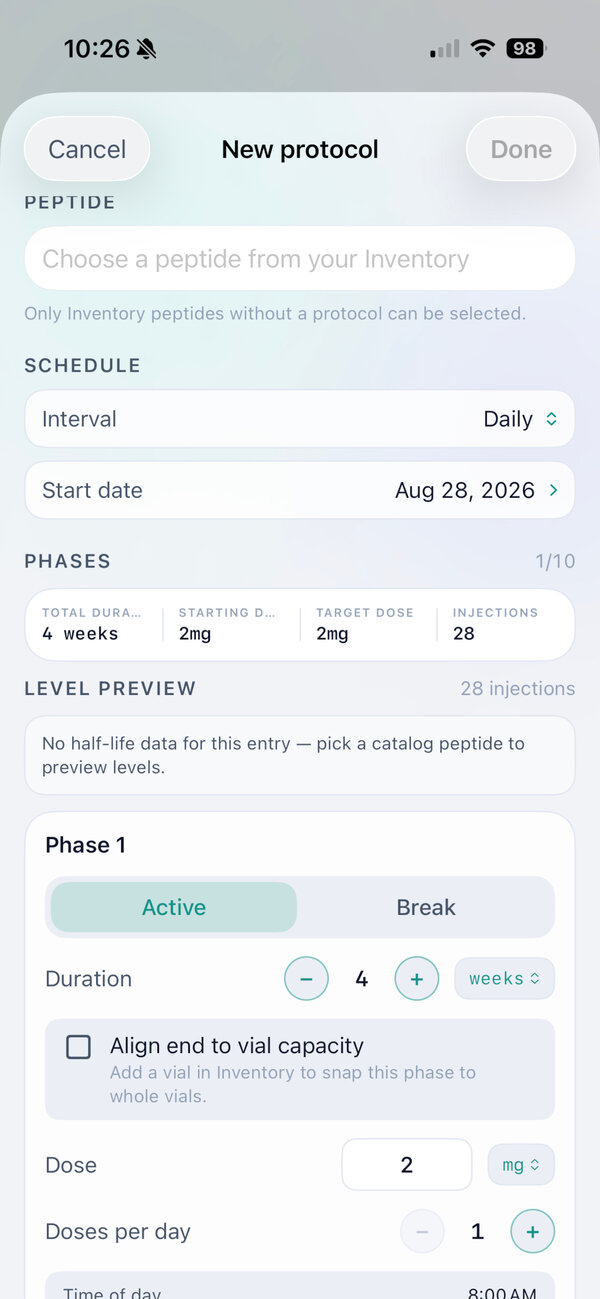 Vial Logic New Protocol screen with peptide selection and schedule