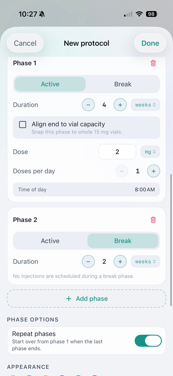 Vial Logic Phase editor showing active and break phases