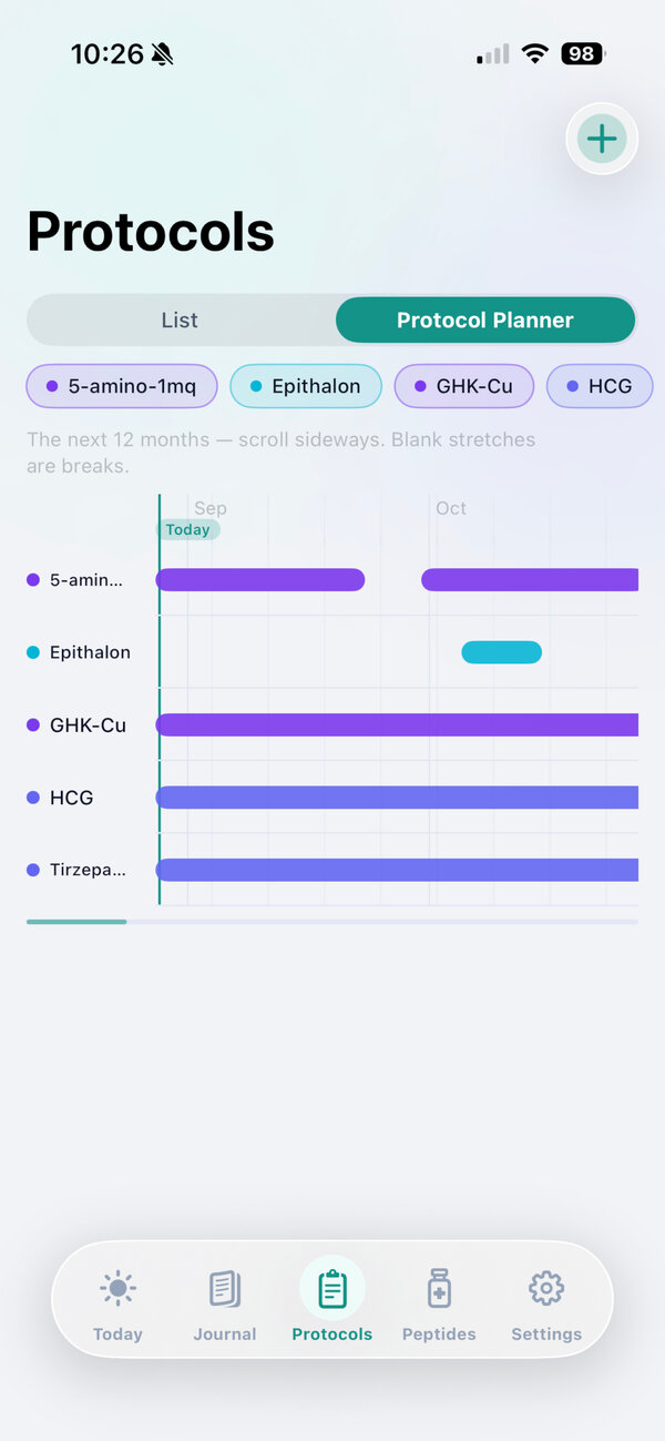 Vial Logic Protocol Planner showing timeline view with peptide schedules