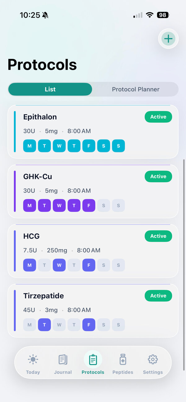 Vial Logic Protocols list showing active protocols with weekday schedules