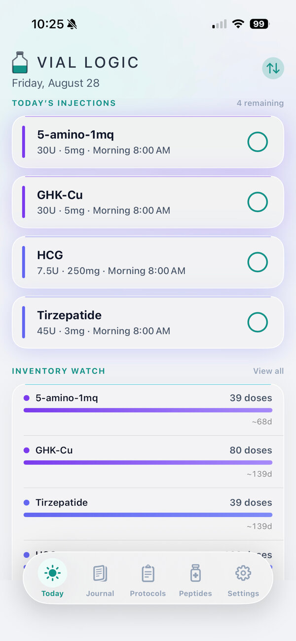 Vial Logic Today screen showing daily injections and inventory watch